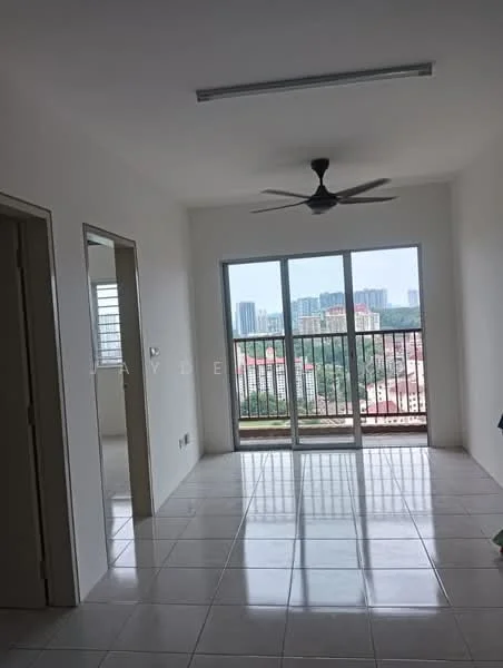 Living features: white painted walls, glossy tile flooring, 5-blade ceiling fan, floor-to-ceiling sliding glass door, balcony with city view, natural light from large windows, neutral color scheme, open layout; style: modern; view: city.