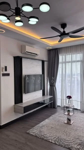 Living features: 5-blade ceiling fan with light, wall-mounted TV, TV console with storage, white painted walls, dark wood flooring, recessed LED downlights, curtains with sheer and blackout options, decorative coffee table, area rug with geometric pattern, air conditioning unit; style: modern; view: city.