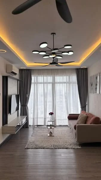 Living features: 5-blade ceiling fan with integrated LED light, recessed downlights, floor-to-ceiling windows, sheer curtains, grey fabric sofa, wooden coffee table, area rug, TV console, wall-mounted TV, decorative wall art, laminate flooring, crown moulding; style: modern; view: city.