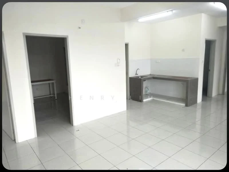 Kitchen features: white painted walls, grey cabinetry, stainless-steel sink, chrome faucet, countertop with backsplash, tile flooring, fluorescent ceiling lights; style: modern. Room features: white painted walls, tile flooring, doorway leading to another room.