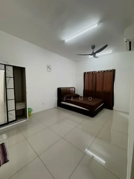 Bedroom features: queen-size bed with brown upholstered headboard, white painted walls, glossy ceramic tile flooring, ceiling fan with light, window with brown curtains, built-in wardrobe with mirrored doors, air conditioning unit, green trash bin; style: modern.