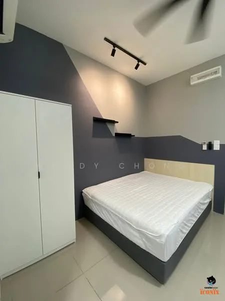 Bedroom features: queen-size bed with white bedding, grey upholstered bed frame, white wardrobe with sliding doors, grey accent wall with geometric design, recessed downlights, ceiling fan, polished tile flooring, floating shelves on wall; style: modern.