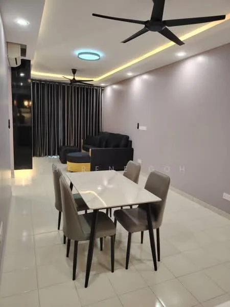 Dining features: white dining table, 4 grey upholstered dining chairs, black ceiling fan, recessed LED downlights, light strip along ceiling, grey painted walls, cream tiled flooring, black sofa, floor-to-ceiling curtains; style: modern.