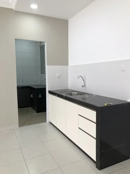 Kitchen features: black granite countertop, white cabinetry, single-bowl stainless-steel sink, chrome pull-down faucet, white tiled backsplash, white walls, recessed downlights, ceramic tile flooring, open layout, kitchen island; style: modern. Room features: grey tiled walls, grey flooring.