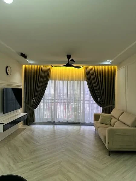 Living features: light-colored fabric sofa, wall-mounted TV, floating TV console, floor-to-ceiling windows, sheer curtains, blackout curtains, 5-blade ceiling fan with light, recessed LED downlights, wooden flooring with herringbone pattern, decorative wall clock, LED strip lighting behind curtains; style: modern; view: city.