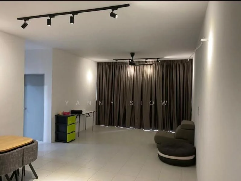 Room features: white painted walls, ceiling with recessed downlights, grey floor tiles, black curtain drapes, 2-blade ceiling fan, round upholstered chair, wooden dining table, grey upholstered dining chairs, green and black storage unit, table with legs, open space layout; style: modern.