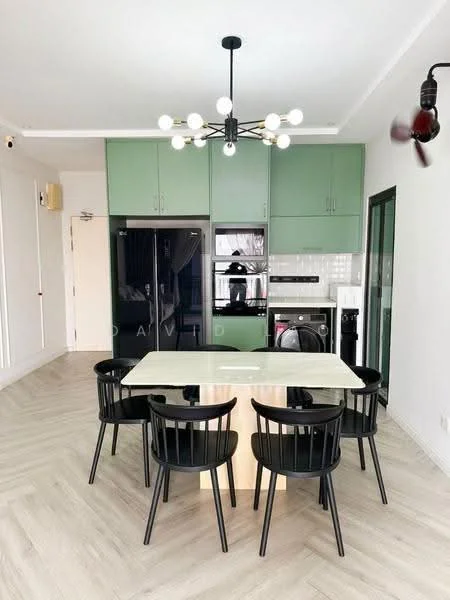 Kitchen features: green cabinetry, black refrigerator, built-in oven, microwave, white countertop, stainless-steel sink, chrome pull-down faucet, pendant light fixture, recessed downlights, ceramic tile flooring; style: modern. Dining features: 6-seater dining table, black dining chairs, ceiling fan, light wood flooring; style: modern.
