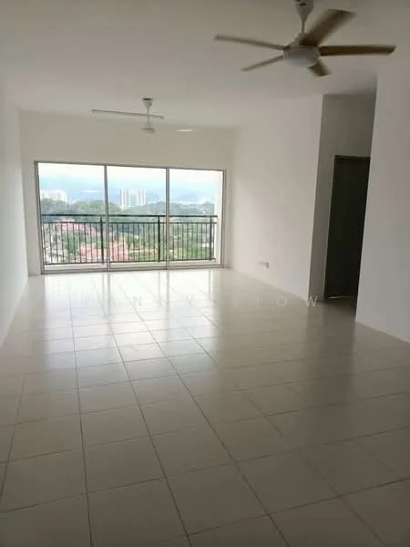 Living features: white painted walls, ceramic tile flooring, 5-blade ceiling fan, floor-to-ceiling windows, balcony view, city skyline view; style: modern; view: city.