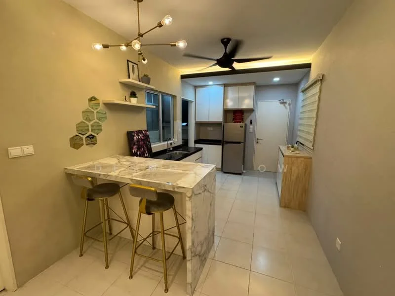 Kitchen features: marble countertop, white cabinetry, stainless-steel fridge, black sink, chrome pull-down faucet, hexagonal wall decor, 2 bar stools, ceiling fan with light, recessed LED downlights, window with blinds, tile flooring, open shelving; style: modern.