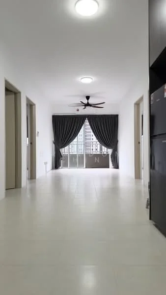 Room features: white painted walls, tile flooring, 5-blade ceiling fan with light, floor-to-ceiling windows, blackout curtains, sliding glass door, balcony view, refrigerator, light fixtures; style: modern; view: city.