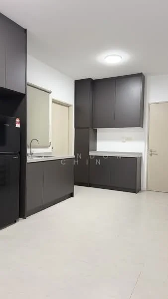 Kitchen features: dark cabinetry, white countertop, single-bowl stainless-steel sink, chrome pull-down faucet, built-in fridge, window with blinds, light ceiling fixture, tile flooring; style: modern.
