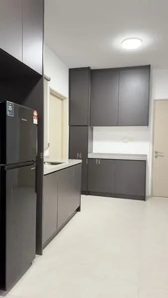 Kitchen features: black refrigerator, single-bowl stainless-steel sink, chrome pull-down faucet, dark cabinetry, white countertop, built-in oven, ceramic tile flooring, recessed ceiling light, wall-mounted cabinets, door to adjacent room; style: modern.