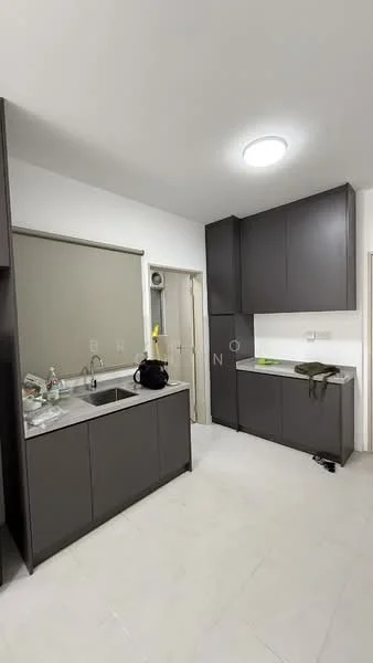 Kitchen features: grey flat-panel cabinets, stainless-steel sink, chrome pull-down faucet, white countertop, tile backsplash, built-in cabinetry, recessed ceiling light, white walls, ceramic tile flooring; style: modern.