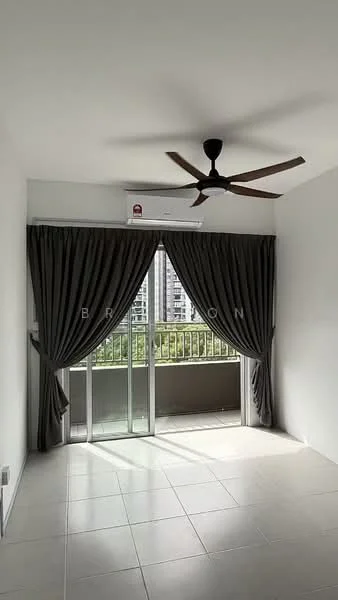 Living features: white painted walls, tile flooring, 5-blade ceiling fan, floor-to-ceiling sliding glass door, grey curtains, balcony view, air conditioning unit; style: modern; view: city.