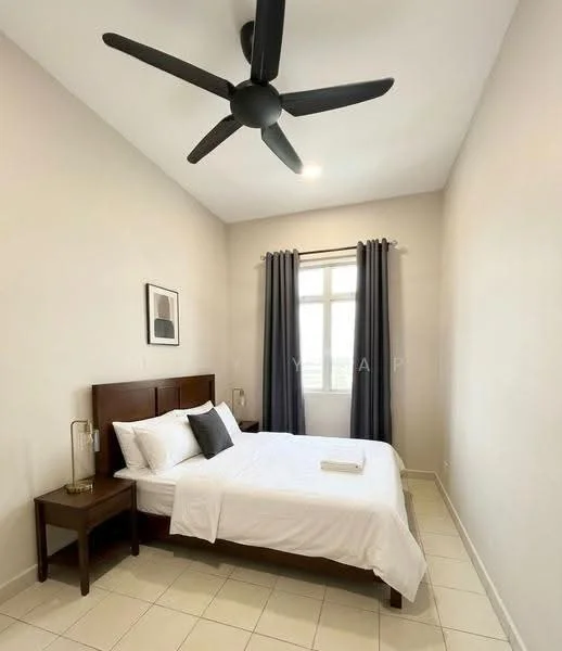 Bedroom features: queen-size bed, upholstered headboard, white bedding, 2 bedside lamps, wooden bedside table, 5-blade ceiling fan, floor-to-ceiling window, grey curtains, cream painted walls, tile flooring; style: modern.