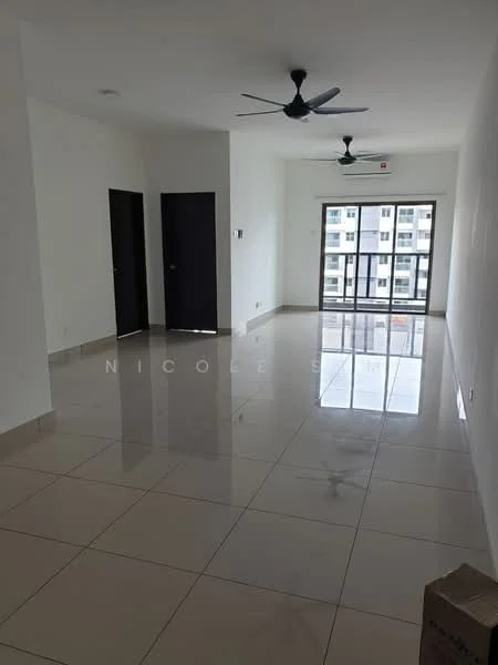 Living features: white painted walls, glossy ceramic tile flooring, 2 ceiling fans, floor-to-ceiling windows, sliding glass door, black doors, neutral color scheme, open layout; style: modern.