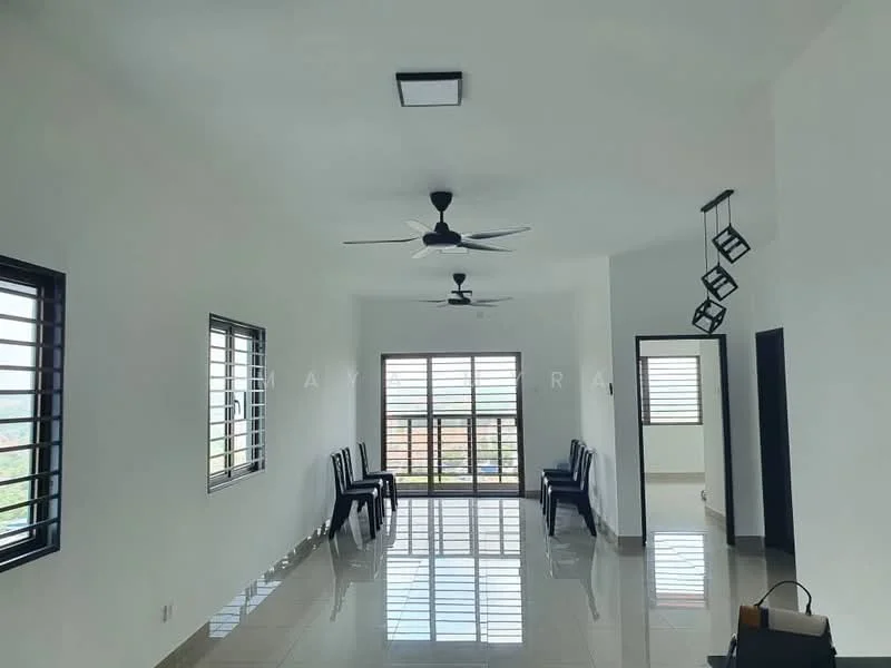 Room features: white painted walls, glossy ceramic tile flooring, 2 ceiling fans, large windows with horizontal slats, open layout, natural light from windows, minimalist decor, seating area with chairs; style: modern; view: city.