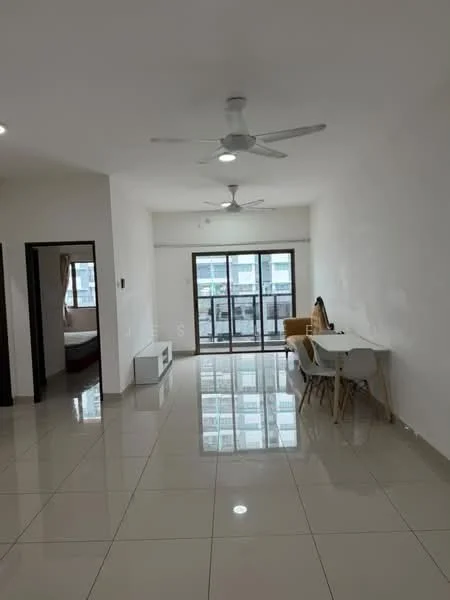 Living features: white painted walls, glossy ceramic tile flooring, 5-blade ceiling fan with light, floor-to-ceiling windows, sliding glass door, dining table with white chairs, sofa in beige, TV console, decorative wall art; style: modern; view: city.