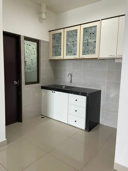 Kitchen features: black countertop, white cabinetry with glass-front upper cabinets, grey tiled backsplash, stainless-steel sink, chrome faucet, floor-to-ceiling window, grey ceramic tile flooring, built-in cabinets, drawer storage; style: modern.