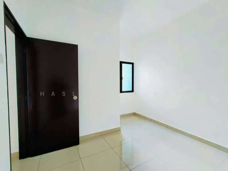 Room features: white painted walls, tile flooring, single door, window with black frame, neutral color scheme.