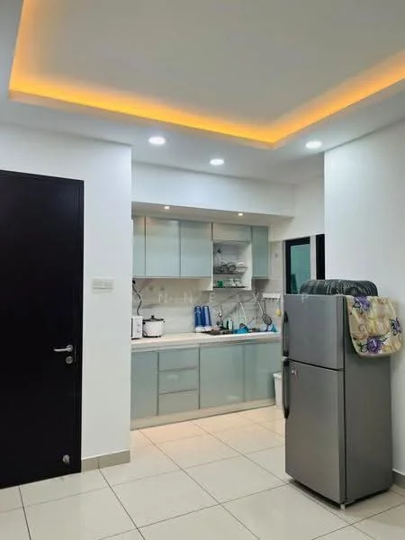 Kitchen features: white painted walls, recessed ceiling with LED strip lighting, ceramic tile flooring, grey cabinetry with glass fronts, white countertop, stainless-steel fridge, built-in sink, kitchen utensils visible, window above sink, modern faucet, wall-mounted shelves; style: modern.