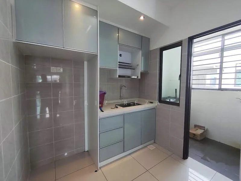 Kitchen features: grey cabinetry with glass fronts, white countertop, single-bowl stainless-steel sink, chrome pull-down faucet, built-in oven, stainless-steel range hood, ceramic tile flooring, grey tiled walls, window with metal grille, open shelving, recessed downlights; style: modern.