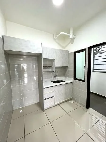 Kitchen features: grey cabinetry, white countertop, single-bowl stainless-steel sink, chrome pull-down faucet, ceramic tile backsplash, grey tiled walls, glossy floor tiles, window with metal grille, exhaust fan, built-in shelving; style: modern.