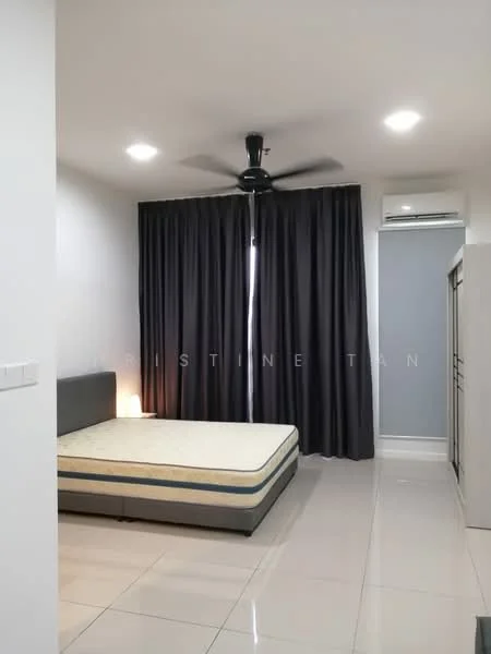 Bedroom features: queen-size bed, black upholstered headboard, 2 bedside lamps, floor-to-ceiling windows with black curtains, white painted walls, polished ceramic tile flooring, 5-blade ceiling fan, wall-mounted split AC, built-in wardrobe with sliding doors; style: modern.