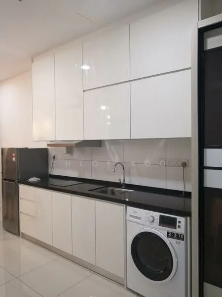 Kitchen features: white high-gloss cabinetry, black granite countertop, single-bowl stainless-steel sink, chrome pull-down faucet, built-in oven, stainless-steel fridge, front-load washing machine, ceramic tile flooring, recessed downlights, wall-mounted electrical outlets, white tiled backsplash; style: modern.