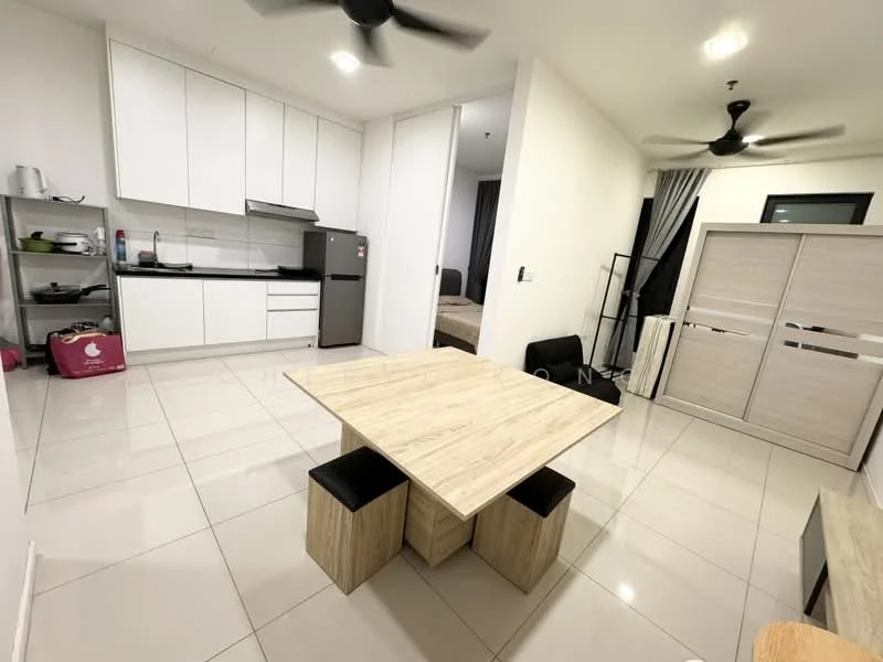 Kitchen features: white cabinetry, black countertop, stainless-steel fridge, built-in oven, 4-burner gas hob, exhaust hood, ceramic tile flooring, recessed downlights; style: modern. Dining features: square dining table, 4 black stools, open shelving unit, ceramic tile flooring, ceiling fan; style: modern. Living features: black sofa, wall-mounted TV, light-colored sideboard, ceramic tile flooring, ceiling fan; style: modern.