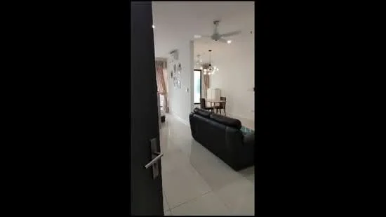 Living features: black leather sofa, coffee table, ceiling fan, recessed downlights, white painted walls, glossy tile flooring, dining table with chairs visible in background, floor-to-ceiling windows with sheer curtains; style: modern.
