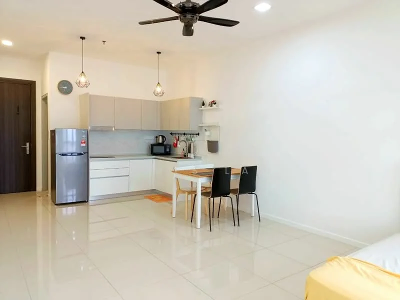 Kitchen features: white cabinetry, grey countertop, stainless-steel fridge, built-in microwave, electric kettle, black dining table with three chairs, pendant lighting, ceramic tile flooring, wall-mounted shelving, single-bowl stainless-steel sink, chrome pull-down faucet; style: modern.