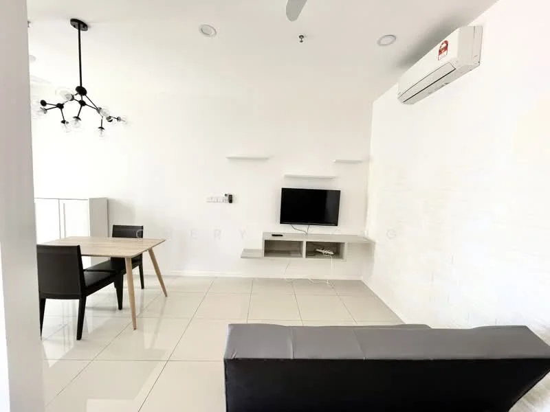 Living features: 3-seater fabric sofa in grey, wooden dining table for 4, 4 dining chairs, wall-mounted TV, white wall-mounted shelves, split air conditioning unit, recessed downlights, glossy tile flooring, exposed brick accent wall, ceiling light fixture with multiple bulbs; style: modern.