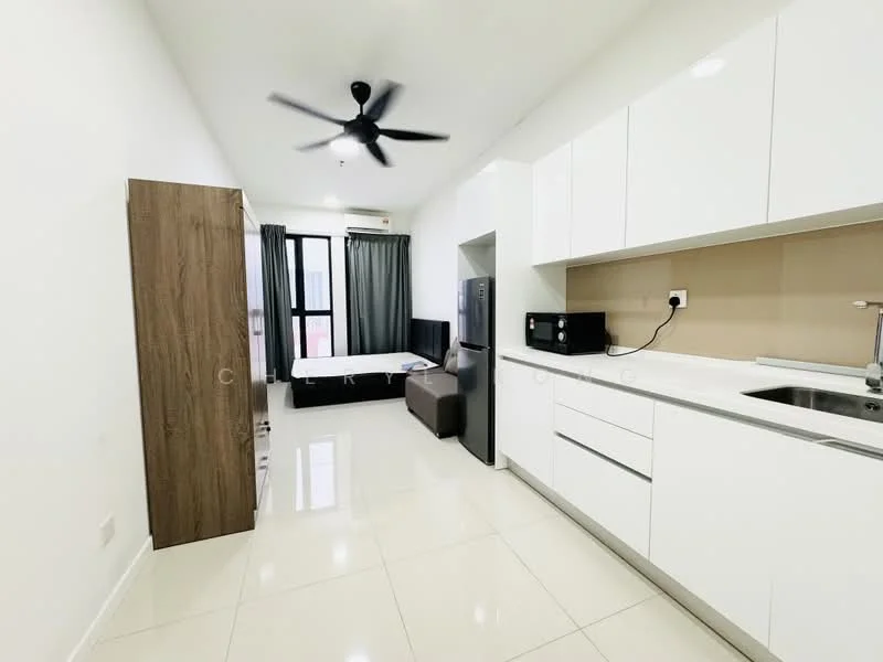 Kitchen features: white cabinetry, stainless-steel sink, chrome pull-down faucet, built-in microwave, black refrigerator, white countertop, ceramic tile flooring, recessed downlights, ceiling fan; style: modern. Living features: sofa, bed, curtains, wall-mounted TV, coffee table; style: modern.