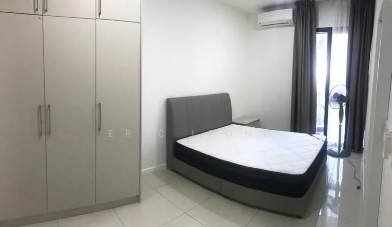 Bedroom features: queen-size bed with grey upholstered headboard, white bed frame, built-in wardrobe with grey doors, floor-to-ceiling window, sheer curtains, wall-mounted split AC, white tiled flooring, ceiling fan; style: modern.