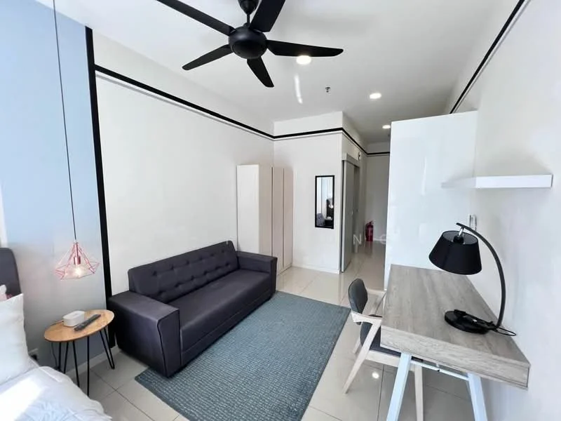 Living features: 3-seater fabric sofa in dark grey, round side table with wooden top, ceiling fan with 3 blades, recessed downlights, wall-mounted mirror, study desk with light-colored surface, white shelving unit, grey area rug, tiled flooring, white painted walls, black accent wall with horizontal stripes; style: modern.