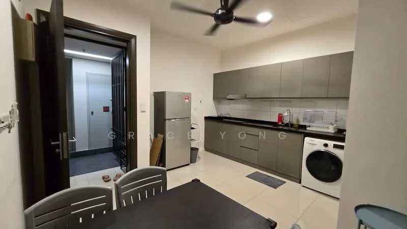 Kitchen features: grey cabinetry, black countertop, stainless-steel fridge, built-in oven, freestanding washing machine, single-bowl stainless-steel sink, chrome pull-down faucet, ceramic tile flooring, ceiling fan, wall-mounted cabinets, kitchen island with seating, white backsplash; style: modern. Room features: door leading to hallway, interior door, light switch.