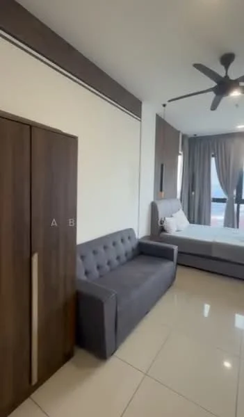 Room features: grey fabric sofa, built-in wardrobe with wooden finish, queen-size bed, floor-to-ceiling windows, curtains, ceiling fan, white painted walls, glossy tile flooring; style: modern.
