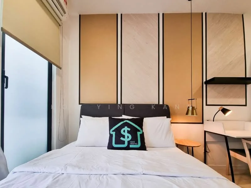 Bedroom features: queen-size bed, upholstered headboard, white bedding, decorative pillow with house logo, wooden bedside table, pendant light, wall-mounted shelf, accent wall with beige panels, floor-to-ceiling window with sheer blinds, air conditioning unit; style: modern.