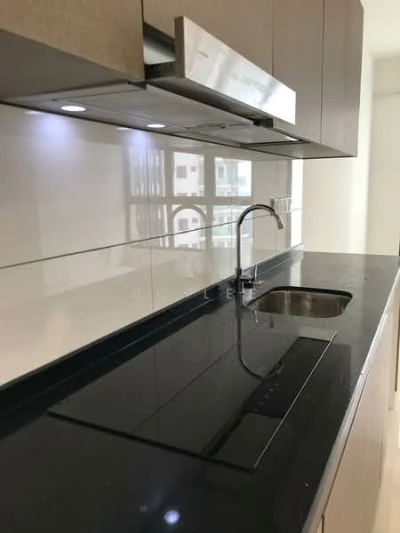 Kitchen features: single-bowl stainless-steel sink, chrome pull-down faucet, black granite countertop, white glossy cabinetry, built-in range hood, white tiled backsplash, under-cabinet lighting, modern cabinetry with flat-panel design; style: modern.