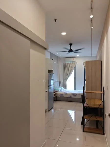 Room features: white painted walls, glossy tile flooring, 5-blade ceiling fan with light, window with sheer curtains, refrigerator, wooden dining table, wooden shelving unit, bed with bedding, light fixture, neutral color scheme; style: modern; view: city.