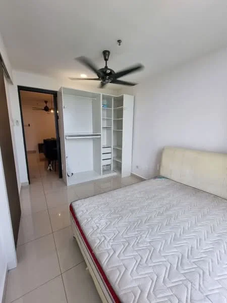 Bedroom features: queen-size bed, upholstered headboard, ceiling fan, built-in wardrobe with shelves, white painted walls, glossy tile flooring, window with natural light, neutral color scheme; style: modern.