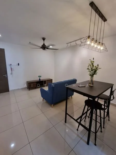 Living features: white painted walls, glossy ceramic tile flooring, 5-blade ceiling fan with light, sofa in blue fabric, wooden coffee table, black dining table with high stools, decorative plant in vase, wall-mounted TV, track lighting; style: modern.