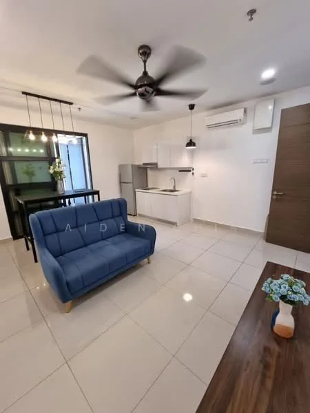 Living features: blue fabric sofa, ceiling fan, wall-mounted air conditioning unit, white painted walls, tile flooring, recessed downlights, wooden coffee table, kitchen area with white cabinetry, stainless-steel sink, built-in kitchen appliances, open-plan layout; style: modern.