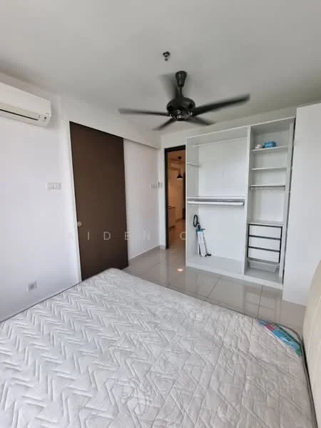 Bedroom features: white painted walls, ceiling fan, built-in wardrobe with shelves, sliding door, tile flooring, air conditioning unit, queen-size bed, vacuum cleaner, light switch, door to bathroom, window with natural light; style: modern.