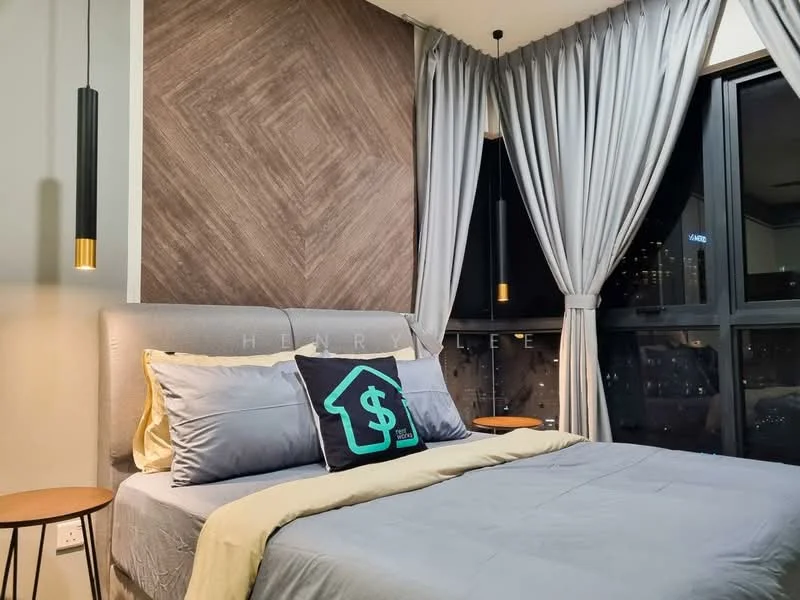 Bedroom features: king-size bed, upholstered headboard, grey bedding, decorative pillow with dollar sign, wood accent wall, floor-to-ceiling windows, sheer curtains, blackout curtains, 2 bedside tables, pendant lighting, city skyline view; style: modern; view: city.