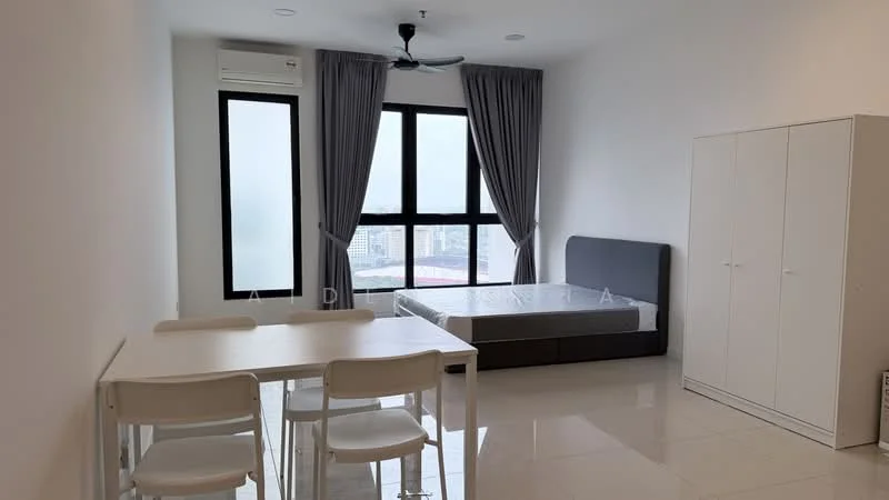 Bedroom features: king-size bed, upholstered headboard, floor-to-ceiling windows, grey curtains, 5-blade ceiling fan, white walls, white tiled flooring, dining table with 4 chairs, built-in wardrobe; style: modern; view: city.