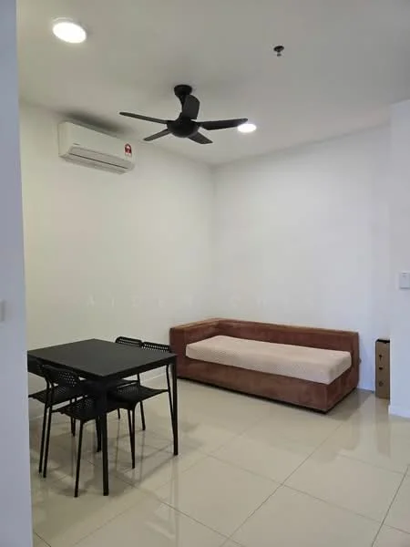 Living features: 5-blade ceiling fan with light, 1 wall-mounted split AC, white painted walls, glossy tile flooring, brown fabric sofa, black dining table with 4 chairs, decorative wall, natural light from window; style: modern.