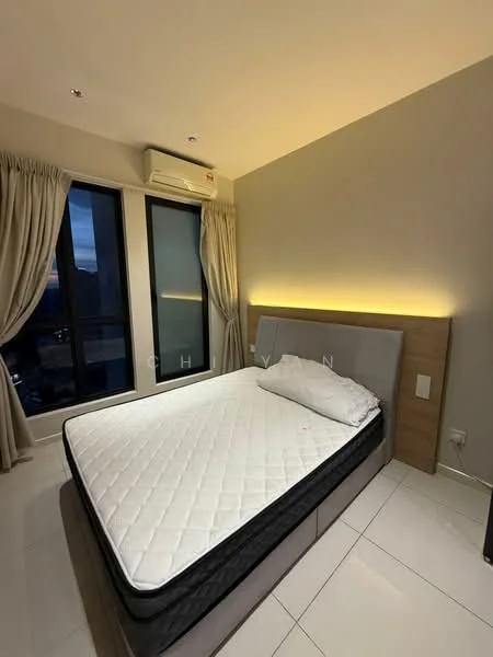 Bedroom features: queen-size bed, upholstered headboard, floor-to-ceiling windows, sheer curtains, wall-mounted split AC, recessed LED lighting, light-colored walls, glossy tile flooring; style: modern; view: city.