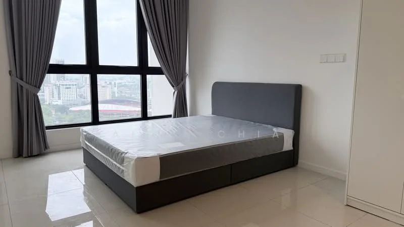 Bedroom features: king-size bed frame with mattress, floor-to-ceiling windows, grey upholstered headboard, white painted walls, light grey curtains, glossy tile flooring, city view, built-in wardrobe; style: modern; view: city.